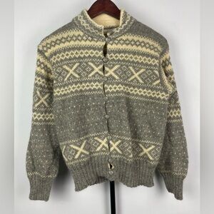 Vintage Nansen Gray Cream Nordic Virgin Wool Knit Button‎ Up Cardigan Sweater